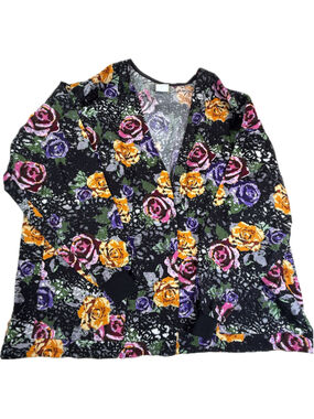Tafford Womens 3X Floral Open Front Cardigan Black Rose Print Long Sleeve Plus